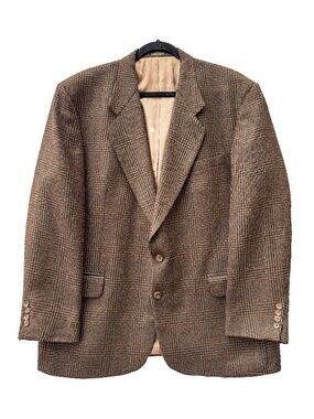 Vintage Oscar de la Renta Brown Plaid Tweed Wool Blazer XL 48 Regular